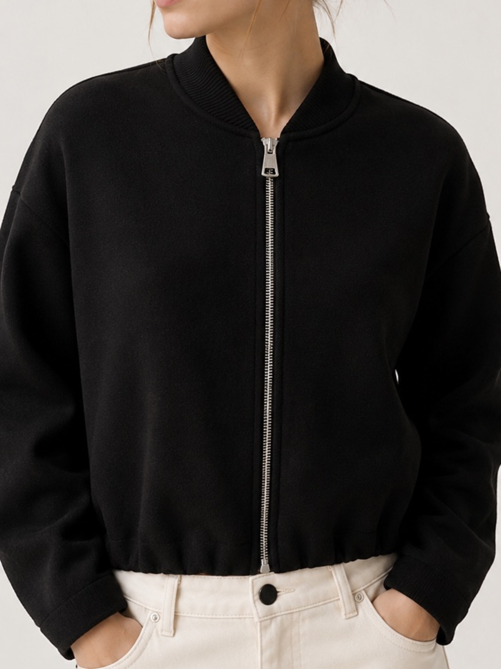 Zara Black Minimalist Bomber Jacket Cropped Zip Up Size M